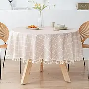 Oilcloth Tablecloth Oval Shape 220cm, Cotton Linen Round Table Cloth, Soild Plaid with Tassel Table Cover, Heavy Duty Wrinkle Free Soft, for Dining Table, Buffet Parties