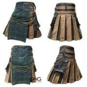 Men Scottish Gothic Kilt Black Watch Tartan Front Apron Utility Kilt Size 28-62