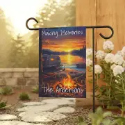 Camping themed Garden Flag Sunset Firepit Personalize 12x18 Flag Banner