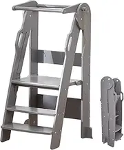 Forubar Foldable Toddler Kitchen Tower, Baby Montessori Kitchen Helper with Safety Rail, Kids Wooden Learning Tower Adjustable Learning Step Stool (Grey)