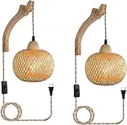 Indoor Wall Sconce Rattan with Plug in Cord and Switch Wall Lamp Rustic Bamboo Lampshade E27 Fixtures Wall Light Modern Simple Wood Shelf Brackets Lamps Wall Lighting for Bedroom Decorative (2 Packs)