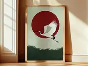 Heron Bird Art Print Image Red Circle Motive Wall Art Japandi Style Sage Green Artwork Flying Bird Wing Illustration 251