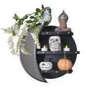 Big Gothic Witchy Crescent Moon Shelf for Crystals with Warped Moon Mirror