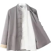 [NTWSHS] Chinese Clothing Cotton Linen Martial Arts Kung Fu Shirt Jacket Tang Suit Kung Fu Long Sleeve,Mens Tai Chi Clothes Wing Chun Zen Meditation Uniform(Gray,Large)