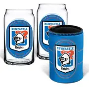 Newcastle Knights NRL Set of 2 Can Shaped Glasses and Can Cooler Gift Set