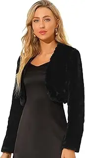 [Allegra K] Women's Cropped Open Front Jacket Collarless Long Sleeve Faux Fur Coat