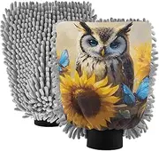 XYMZR Absorbent Microfiber Car Wash Mitt Owl Sunflower Fence, Funny Cute Anime Scratch Free for Cars Cleaning, Home Cleaning Mitts, 2 Pack, 10.24” L x 7.09” W