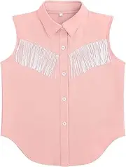 [Kukume] Girls Fringe Shirt Sleeveless Button Down Western Cowgirl Tassel Trim Casual Blouse Shirt Top 4-13Y
