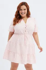 Pink Check Shirt Dress Short Sleeve Tiered