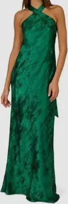Aidan Mattox Women's Green Metallic Chiffon Halter Gown Dress Size 2
