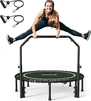 'BCAN 40''/48'' Foldable Mini Trampoline with Resistance Band, 450 LBS Fitness Trampoline with Bungees, U Shape Adjustable Foam Handle, Stable & Quiet Exercise Rebounder for Adults Indoor/Garden'