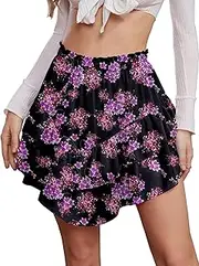 [NASHALYLY] Women's Mini Skirt Ruffle High Waist Elastic Boho Flowy Chiffon Tiered Skirt with Shorts