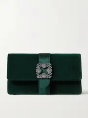 [Manolo Blahnik] Manolo Blahnik - Capri Crystal-embellished Satin-trimmed Velvet Clutch - Emerald - One size One size Green