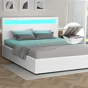 ALFORDSON Gas Lift Storage Bed Frame Base with Headboard & LED Light Lahela Series, Mattress Topper Platform Foundation with PU Leather Upholstery, 350kg Capacity, King, White Colour