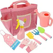 JOINPAYA Kids Gardening Tools Set: Pink Garden Tool Kit Metal Rake, Shovel, Apron, Watering Can, Gloves, Tote Bag, Plant Pots Spring Summer Outdoor for Boy Girl