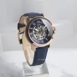 【FOSSIL】鏤空玫瑰金殼藍面皮革手錶 機械錶 男錶 情人節(ME3102)