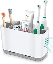 Boperzi Toothbrush Holders for Bathrooms Organiser Countertop with Adjustable Dividers Large Toothbrush Caddy for Shower and Kitchen Toothpaste Holder Storage Set for Family Kids - Grey/Upgrade