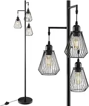 Costway Industrial Tree Floor Farmhouse Tall Standing Lamp w/ 3 Birdcage Lampshades, Foot Switch & Stable Base, Vintage Pole Lamp for Living Room Bedroom Office