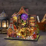 CUTEROOM DIY Miniature House Kit, Wooden Dollhouse Kit with Music Box, Magic Tin