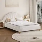 Oikiture Bed Frame Double Size Scallop-Shape Bedhead White Boucle with Mattress