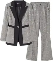 [HEYDHSDC] Women's Fashion Sequin Plaid Suit Coat Pants Two Piece Casual Blazers Jacket Set