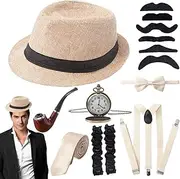 20s Costumes for Men - Funny Hats Set,Hat, Bow Tie, Pocket, Suspender, Glasses Set for Boys