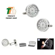 Sophisticated Round Silver Cuff Links with Working Clocks - Perfect for Weddings