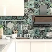 20pcs Teal Moroccan Style Tile Stickers, Kitchen Bathroom Wall Tile Stickers Peel and Stick on Tile Transfers Covers Decals Self Adhesive Vinyl Waterproof Green Pastel Mosaic (15cm x 15cm, 6x6 inches)