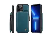 For Apple iPhone 13 Pro Max CaseMe Back Zipper Wallet Case W/ 3 Card Slots, RFID Blocking, 1 Money Pocket, Credit Card Holder Leather Cover (Teal Blue)
