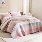 Quilt King Size Pink, Stripe Patchwork Summer Bedspread Coverlet 3 Pieces,