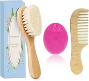 MolYuan 3 Piece Baby Hair Brush & Comb Set, Goat Bristles and Rose red Silicone Hair Brush for Cradle Cap Wood Bristle Brush for Newborns and Toddlers