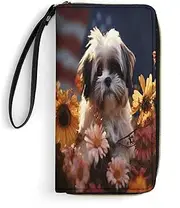 [BFGWK] Large Wallet, Novelty, Shih Tzu, Dog and Flowers Print, Long Zipper Wallet, Leather Wallet Suitable for Men and Women, Style, 7.8x4.1 inch, Casual, Style, 19.7x10.5cm, Casual