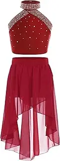 [Loodgao] Kids Girls Lyrical Dance Dress Latin Jazz Dance Outfits Shiny Rhinestones Crop Tops with Chiffon Skirts
