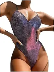[JUMISEE] Women Rave Sparkly Swimsuit Sexy Deep V Neck Bathing Suit Shiny One Piece Bodysuit