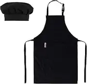 Kids Apron and Chef Hat Set-Adjustable Child Apron for Boys and Girls Aged 6-14,Children's Kitchen Bib Aprons with Large Pocket for Cooking Baking Painting Black