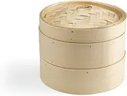 Ken Hom 2 Tier Bamboo Steamer 20Cm Diameter - Traditional Stackable Baskets for Simultaneous Cooking of Fish, Vegetables, & Rice | Slatted Base | Includes Lid & 2 Baskets