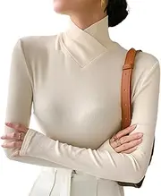 [JOCCOS] Fleece Crossover Turtleneck, Women's Turtleneck Long Sleeve Base Layer Tops, Stretch Knitted Slim Fit Pullover Sweater