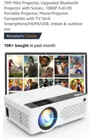TMY Mini Projector, Upgraded Bluetooth Projector with Screen, 1080P Full HD #848