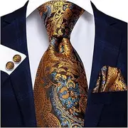 [VSOLS] Men's Blue Black Striped Tie 3.4" Tie Pocket Square Cufflinks Wedding Party Silk Tie Set (Color : SN-3523, Size : 59.06 * 3.35in)