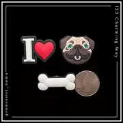 3 Shoe Charms for Crocs PUG DOG Bone I ❤️ Heart Love Encanto del Zapato Perro