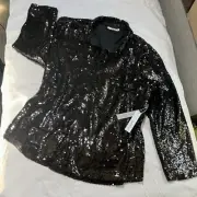 Chico’s Black All-Over Sequin Knit Shirt Top Jacket Stage Gala Event size 4 XXL