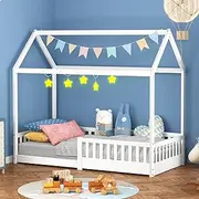 ALFORDSON Kids Bed Frame, Solid Pine Wood Bed Base Foundation Children's Beds, White Wooden Timber House Frame Single Mattress Base Platform, Renaud Series Bedroom Furniture w/Guard Rail