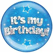 [British Ballet] Happy Birthday Blue And Silver Stars Holographic Recyclable Birthday Party Badge OTB, Metal Plastic