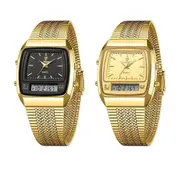 Golden Steel Strap Quartz Sport Watch Mens Dual Time Week Display Digital Wristwatches Waterproof Clock