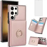 Asuwish Phone Case for Samsung Galaxy S23 Ultra 5G with Tempered Glass Screen Protector and RFID Card Holder Slot Ring Kickstand Cell Accessories S23Ultra 23S S 23 23Ultra 6.8 inch Women Men Rose Gold