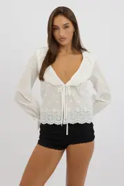 White Eyelet Top Tie Front Long Sleeve Collared - Size 6XXS, Women's Jacket