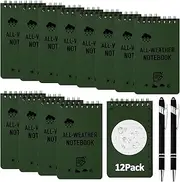 SHAIDOJIO 12Pack Waterproof Notebook, All Weather Pocket Notepad with 2 Pens, 3'' x 5'' Top-Spiral Write in the Rain Notebooks, Tactical Memo Steno Note Pads for Outdoor Office School Recording(Green)