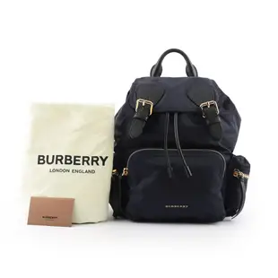 【BURBERRY 巴寶莉】The Rucksack尼龍拼皮革中型軍旅後背包_展示品(海軍藍)/ 平行輸入