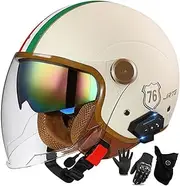 Open Face Motorcycle Bluetooth Helmet,DOT/ECE Approved Vintage Open Face Motorbike Helmet with Double Sun Visor,Crash Jet-Helmet Biker Scooter Touring Helmet for Adult Men Women (Color : I, Size : M
