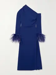 [16ARLINGTON] 16ARLINGTON - Adelaide One-shoulder Feather-trimmed Crepe Midi Dress - Blue - UK 12 UK 12 Blue